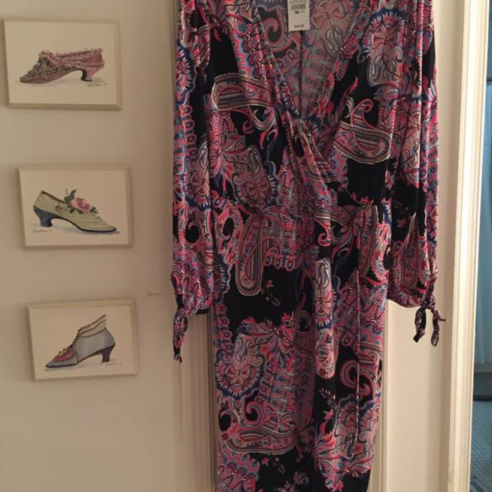 Paisley Dress, Black/Pink Multi, Surplice Front, Ties at Wrist, Women's 14